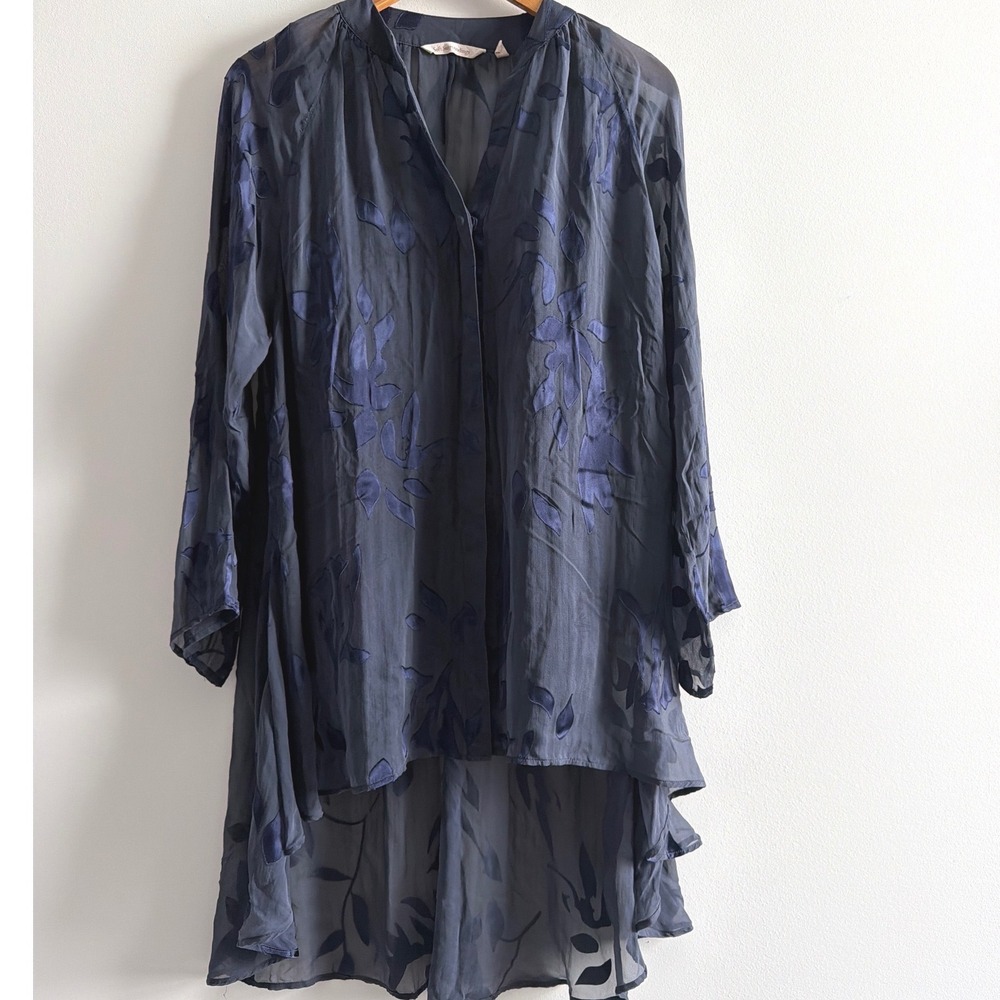Soft Surroundings Navy Blue Silk Blend Burnout Velvet High Low Tunic Top Med